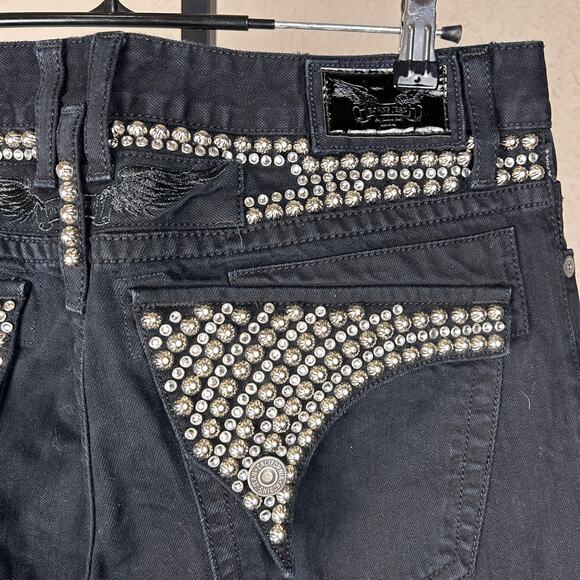 Robins Jeans RARE Mens 36" 100% Cotton Black Denim Long Flap Studded Waist Pants - Picture 2 of 9